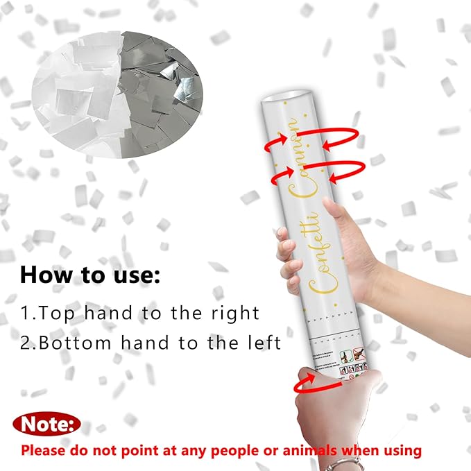 12" Silver & White Confetti Cannons - Party Poppers for Birthday Graduation Retirement Wedding New Year Celebrations - Easy to Use - Pack of 4