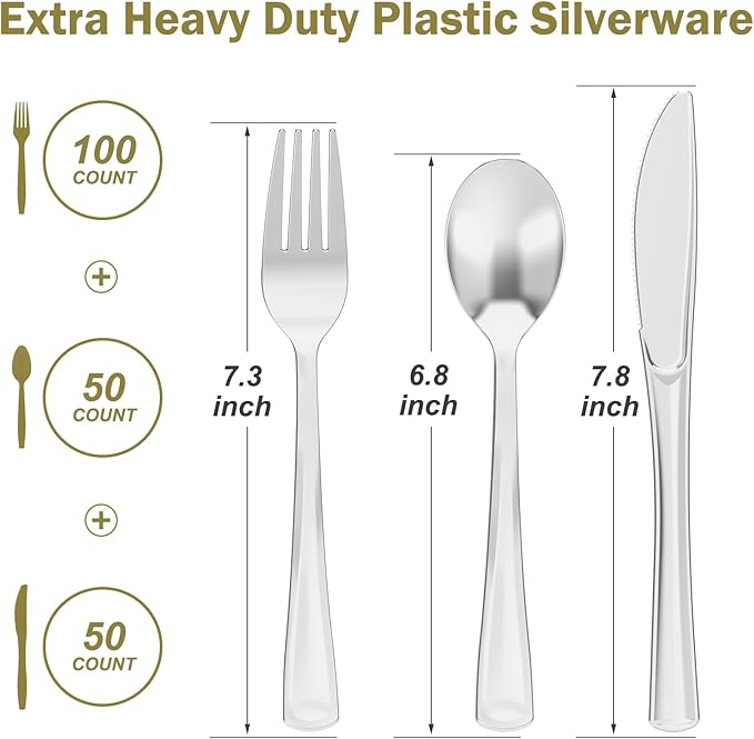Dealusy 200 Count Heavy Duty Silver Plastic Silverware, 100 Forks, 50 Spoons, 50 Knives, BPA-Free, Heat Resistant, Disposable Plastic Utensils Set Cutlery Set, Plasticware Bulk
