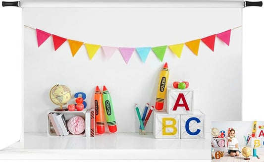 Kate 10x6.5ft/3x2m Back to School Backdrop Corlorful Pennant Flags Crayons Digital Printed Cloth Graduation Background Photo Studio Props