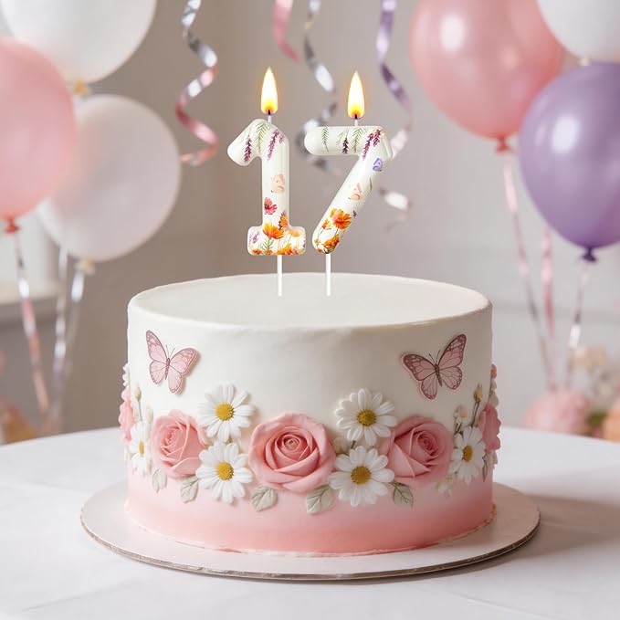Number 7 Birthday Candle for Cake – Floral Botanical Design with Butterfly Detail – Elegant Cake Topper for Birthday, Garden Party Decoration