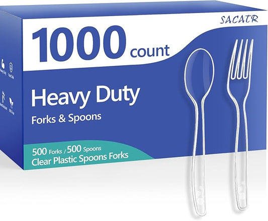 1000 Count Plastic Silverware Heavy Duty - 500 Spoons, 500 Forks, BPA-Free, Heat Resistant, Disposable Plastic Utensils Set, Plastic Cutlery Set, Plasticware Bulk for Party