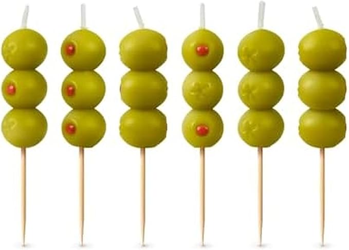 Genuine Fred Cocktail Party Olive Birthday Candles – Set of 6 Martini Olive Celebration Candles with Wooden Picks – Fun Decoration for Parties, Birthdays, and Happy Hour