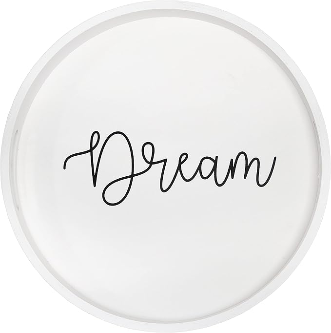 Elegant Designs HG2013-WDR Decorative 13.75'' Round Wood Serving Tray w/Handles, Dream, White Wash Dream