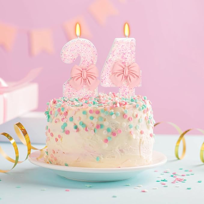 24th Birthday Candles for Cake, Pink Bow Number Cake Candles, 2.76 inch Number Happy Birthday Candle, Cake Topper Decoration for Birthday Party (Number 24)