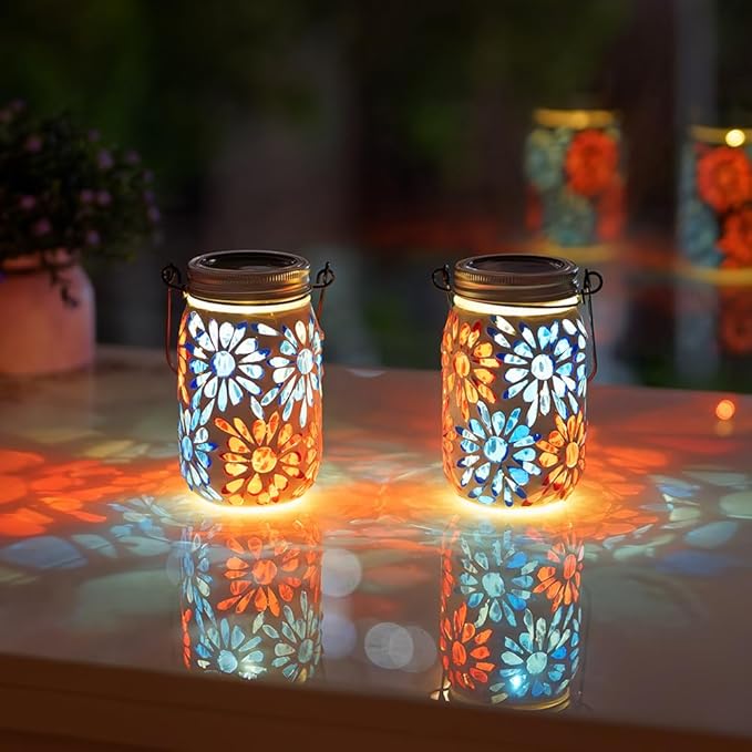 Starsoul Solar Lanterns Outdoor Waterproof, Mosaic Flowers Glass Solar Hanging Outdoor Lights, Decorative Solar Lantern for Outside Pathway Patio Porch Yard Decor