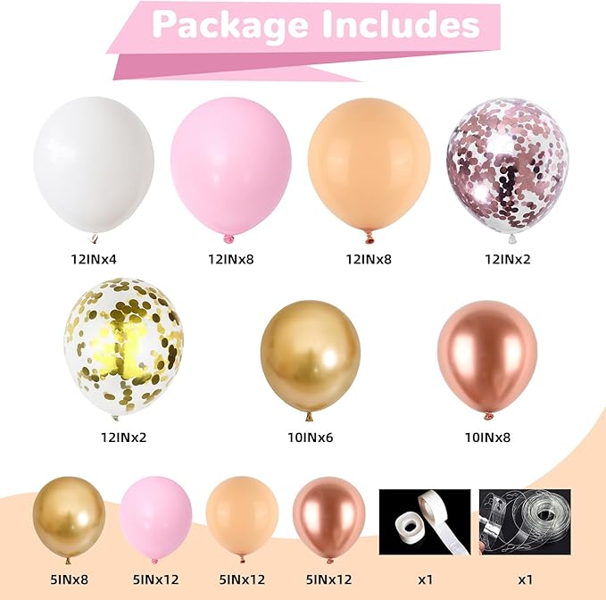 HILAVO Rose Gold Balloon Arch Kit Nude Light Pink Gold Confetti Party Balloon Garland Metallic Pink White Pastel Orange Balloons for Women Princess Baby Shower Bridal Wedding Brithday Party Decor