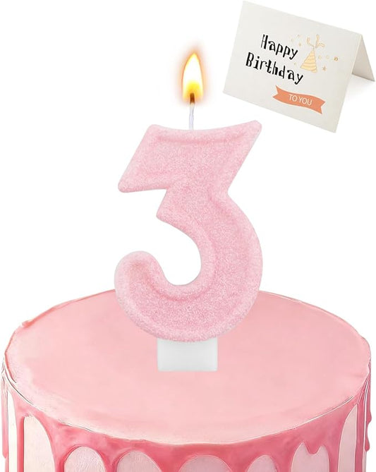 Birthday Candles for Cake, Pink Number Candles, Cake Candles with Greeting Card for Birthday Party Wedding Anniversary Celebrations (Bright Pink 3 Candle)