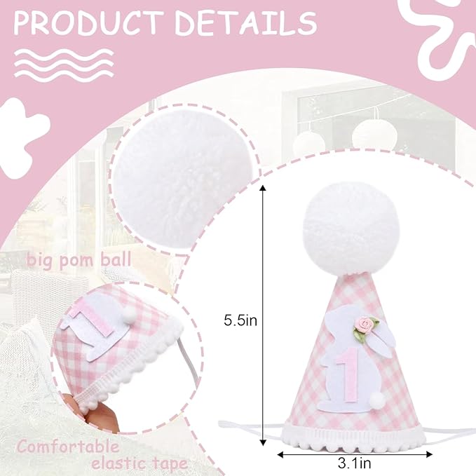 Some Bunny Is One Birthday Hat - Bunny 1st Birthday Decorations For Girls, Spring 1st Bday Decor, Easter Bday Crown, Pink Gingham First Bday Party Hat
