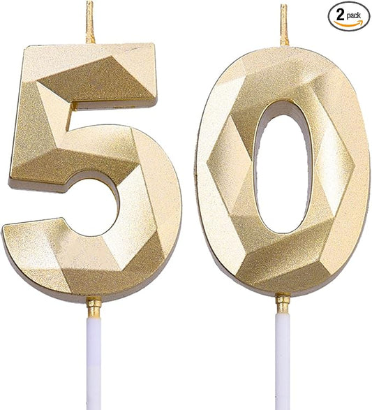 2 inch Gold 50 Birthday Candles, 3D Diamond Number 50 Cake Topper for Men Women Birthday Party Decorations Theme Party