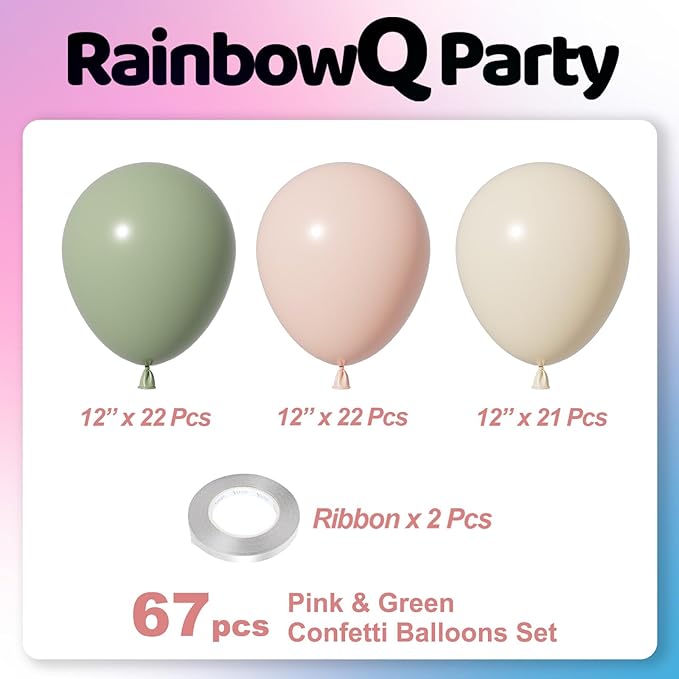 Pink and Green Balloons 12 Inch 67PCS White Sage Green Balloons Latex Helium Balloon Set for Anniversary Wedding Birthday Party Decorations