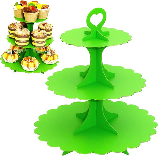2 Pack 3-Tier Cupcake Stand,Green Cardboard Dessert Display Tower Holds 24 Cupcakes,for Birthdays & Theme Parties Supplies Decor