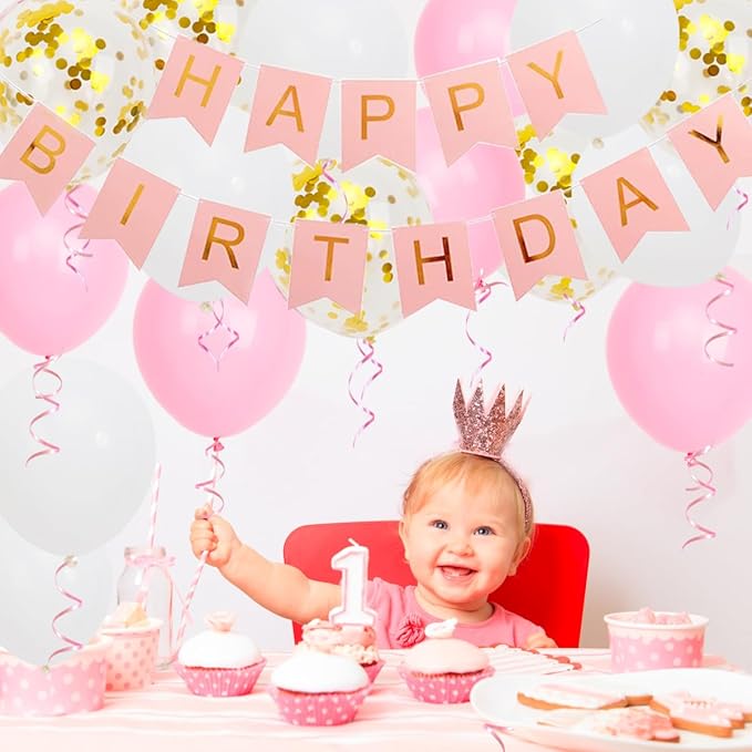 Happy Birthday Banner, Pink Birthday Decoration, 16 pcs 12 inch Happy Birthday Balloons with 2 Ribbons for Girl and Women Birthday Party Decoration