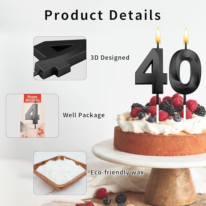 40 Candle 40th Birthday Decorations for Men Black Candles Birthday Topper 40 Candles Cake Topper 40 Birthday Candles for Cake Candle Black Birthday Candles