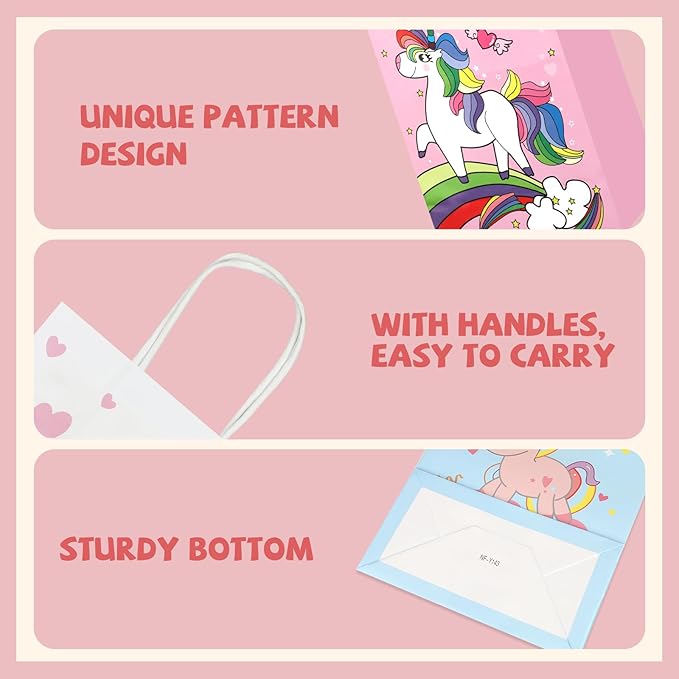 20Pcs Unicorn Party Favor Bags with Handles, Kraft Paper Bags for Rainbow Horse Birthday Party Supplies, Cute Cartoon Unicorn Party Gift Bags Goody Treat Candy Bags for Baby Shower Wedding