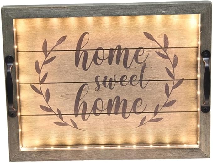 Elegant Designs HG2032-RGS Salento Farmhouse Rectangular Decorative LED Light Up Wooden Serving Tray w Metal Handles & Home Sweet Home in Black for Décor, Centerpiece, Breakfast, Bar, Rustic Gray