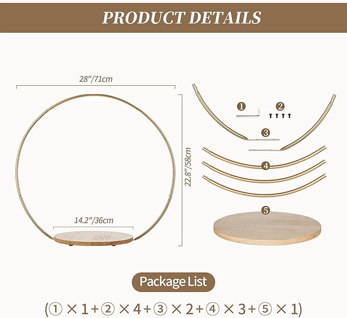 Hanobe Wedding Cake Stand Gold: 14 Inch Round Arch Cupcake Display Stands with Wood Base for Party Decorative Metal Hoop Centerpiece Decor for Birthday Baby Shower