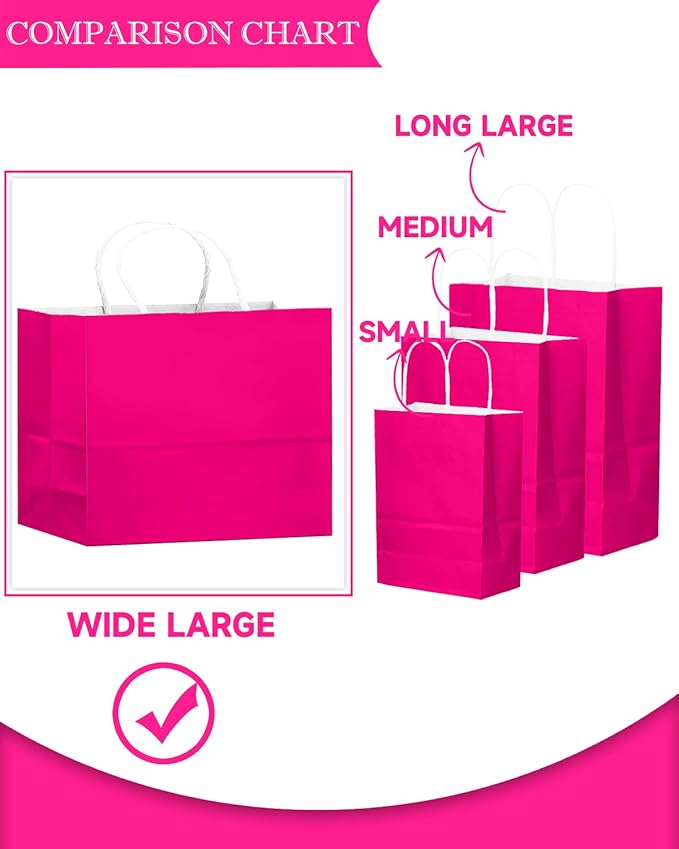 qiqee 24PCS Large Gift Bag with Handles Bulk 13"x4.5"x10" Gift Bags Rose Pink Bags Multiple Uses (32x11x25cm,Wide Large)