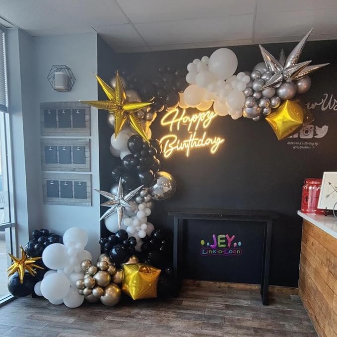 Black and Gold Balloon Garland Arch Kit, 185Pcs Explosion Star Black White Metallic Gold Confetti Latex Balloons for Birthday Anniversary Wedding Engagements Baby Shower Party Decorations