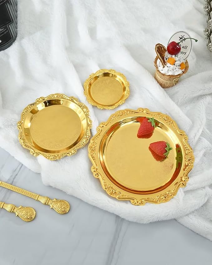 Round Decorative Tray 3.9in Metal Dessert Plates Vintage Coffee Table Tray for Snacks Fruit Gold