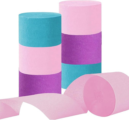 6 Rolls Pink Purple and Blue Crepe Paper Streamers for Girls Baby Shower Ocean Theme Under The Sea Birthday Party Decorations