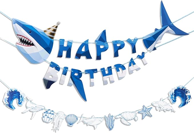 SUNBEAUTY Shark Birthday Party Decorations Shark Happy Birthday Banner Ocean Theme Hanging Shark Garland Under The Sea Pre-strung Shark Birthday Banner for Boys Baby Shower Beach Summer Pool Party（Blue）
