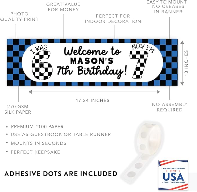Andaz Press 13x48 Inch Custom 6 7 Birthday Banner Decorations, Personalized Birthday Banner with Custom Name, Blue Checkered Theme 67 Happy Birthday Party Banner for Boys, Home or Party Décor