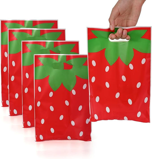 50 Pcs Strawberry Party Favor Bags with Handles - Plastic Treat Bags for Candy & Small Gifts, Bulk Supplies for Wedding Baby Shower Goodie Bags, Holiday Gift Bags for Thanksgiving Halloween Christmas New Years, Birthday Party Decorations
