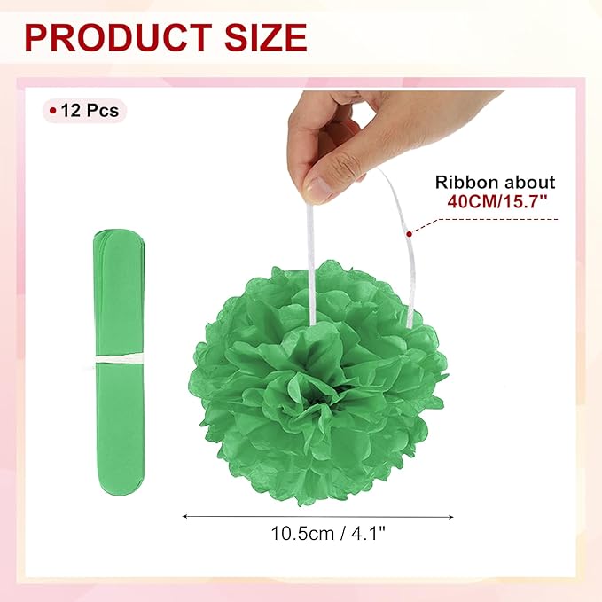 PATIKIL 4inch Tissue Paper Pom Poms, 12PCS Pom Poms Paper Flowers Ball Tissue Paper Flowers for Wedding Bridal Shower Birthday Bachelorette Party Backdrop Decoration, Green