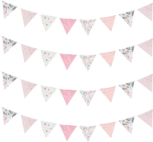 Zwiebeco 32Ft Pink Fabric Floral Pennant Banner Bunting Cotton Pinkish Flowers Triangle Flags Party Decorations for Birthday Wedding Engagement Bridal Baby Shower Rustic Village Home Garden Decor