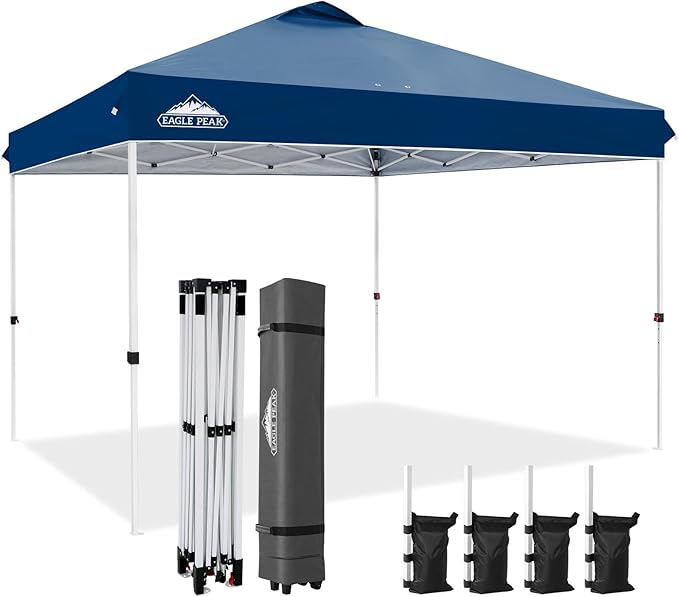 EAGLE PEAK Pop Up Canopy Tent with Wheeled Carry Bag, 8 Stakes, 4 Ropes, 4 Weight Bags, Easy Set Up Tent Canopy, 12x12 ft, 144sqft of Shade, Dark Blue
