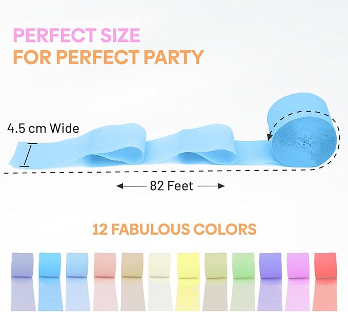 12 Crepe Paper Streamers Rolls, 656ft Pack of Unique 12 Pastel Streamers for Party Decorations, Pastel Backdrop, Birthday Streamers, Party Streamers(1.8 inch x 82 ft/Roll)