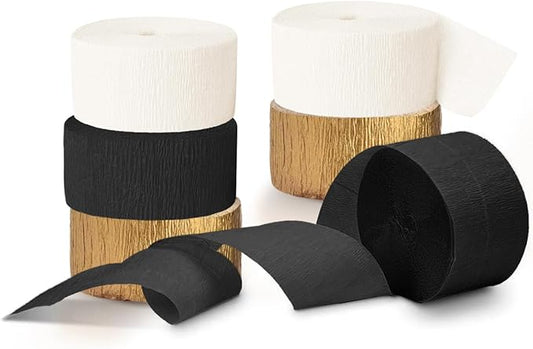 NICROHOME EUR Black Gold Party Decorations, 6 Rolls Crepe Paper Party Streamers for Graduation, Wedding, Birthday, Black and Gold New Years Eve Party Decoration, 82Ft Long