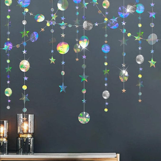 Cheerland Iridescent Party Decorations Holographic Star Garland Hanging Stars Moon Streamer Galaxy Birthday Decoration Ramadan Eid Banner Baby Shower Backdrop Space Alien Celestial Party Decor