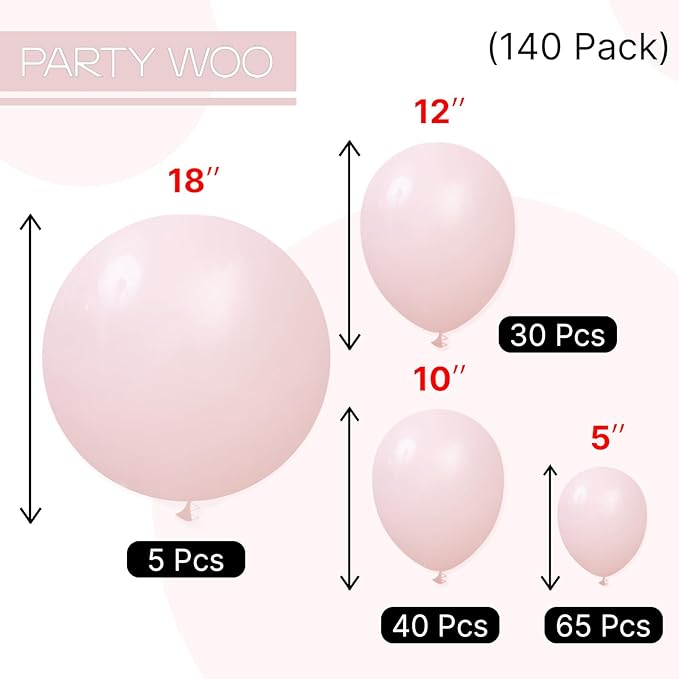 PartyWoo Baby Pink Balloons 140pcs Different Sizes of 18 12 10 5 Inch Pastel Light Pale Pink Balloon Arch Kit for Baby Shower Gender Reveal Wedding Princess Birthday Party Decorations Pink-Q18