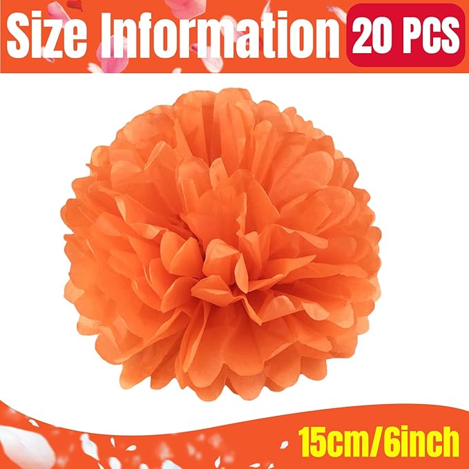 Qimoo 20pcs Red-Orange Tissue Paper Pom Poms Decorations for Party Wedding & Outdoor Use