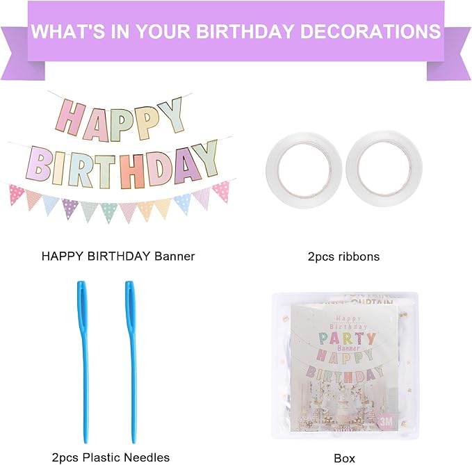 Picoway Happy Birthday Banner | Multicolour2 Macaron Birthday Signs Banners | Pastel Birthday Party Decor | Women & Girls | 8" x 6" Triangular Banner