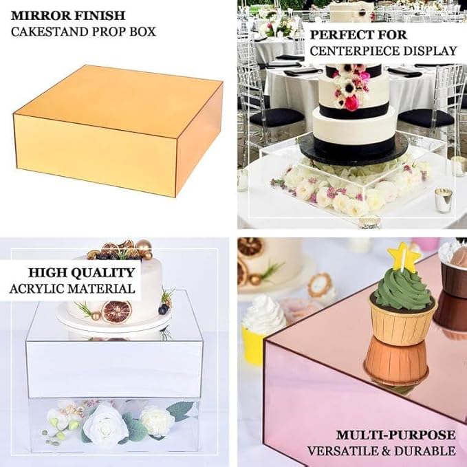 Efavormart 18"x18" Silver Acrylic Cake Box Stand, Mirror Finish Display Pedestal Riser with Hollow Bottom, Elegant Cake Support for Weddings, Galas, and Sophisticated Party Events
