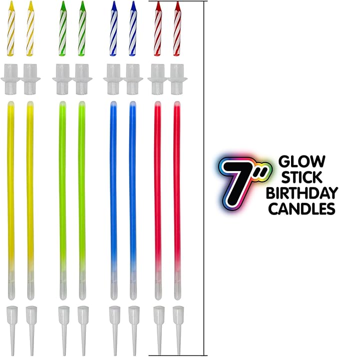 BEST PARTY EVER! Glow Stick Birthday Candles for Cake, Glowing Party Favors, 2 Pack (16 Total)
