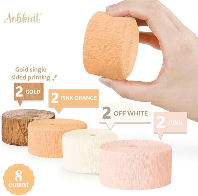 AOBKIAT Wedding Decor Gold Pink Orange Gold Crepe Paper 8 PCS Streamers Party Decorations for Wedding,Bachelorette,Birthday,Bridal Baby Shower,Anniversary Party Backdrop