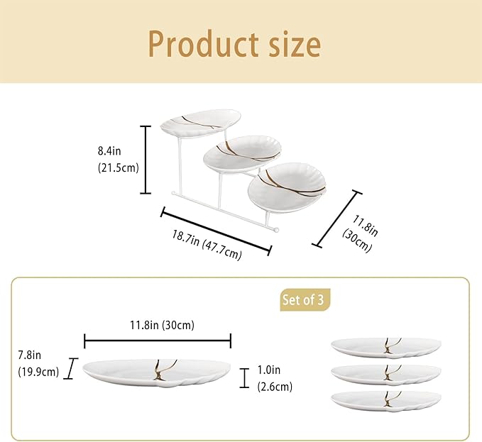 three-tier dining stand, including three 9.8-inch rectangular gold-rimmed plates, foldable and sturdy white metal stand for food display, fruit, desserts, party entertainment decoration