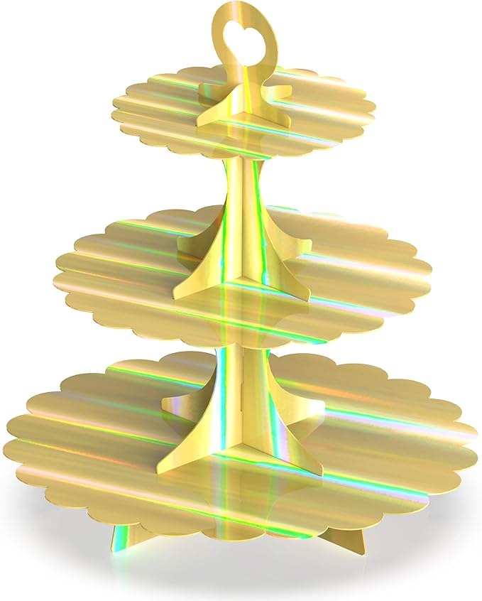 3-Tier Cupcake Stand,Rainbow Gold Cupcake Tower,Tiered Cardboard Dessert Cake Holder Decoration for Birthday Party Weddings Baby Showers (1 Pack) ﻿ ﻿ ﻿ ﻿