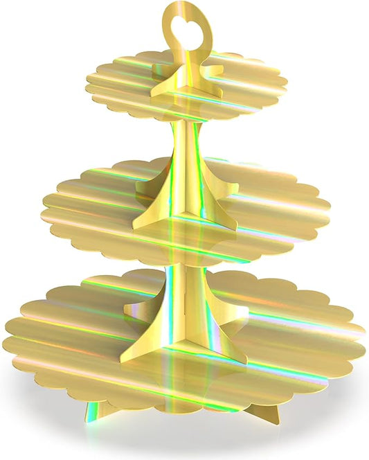 3-Tier Cupcake Stand,Rainbow Gold Cupcake Tower,Tiered Cardboard Dessert Cake Holder Decoration for Birthday Party Weddings Baby Showers (1 Pack) ﻿ ﻿ ﻿ ﻿