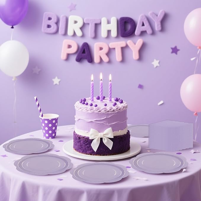 75 PCS Purple Paper Plates and Napkins Party Supplies, Light Purple Scalloped Plates Napkins Forks Disposable Tableware Set for Bridal Baby Shower Wedding Birthday Party Decorations
