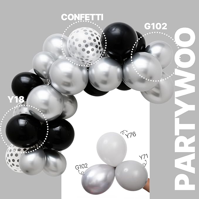 PartyWoo Black and Silver Balloons 66pcs 12 Inch Matte Black Metallic Chrome Silver Confetti Balloons for Graduation Baby Shower Men Birthday Wedding Anniversary New Year's Eve Party Decorations