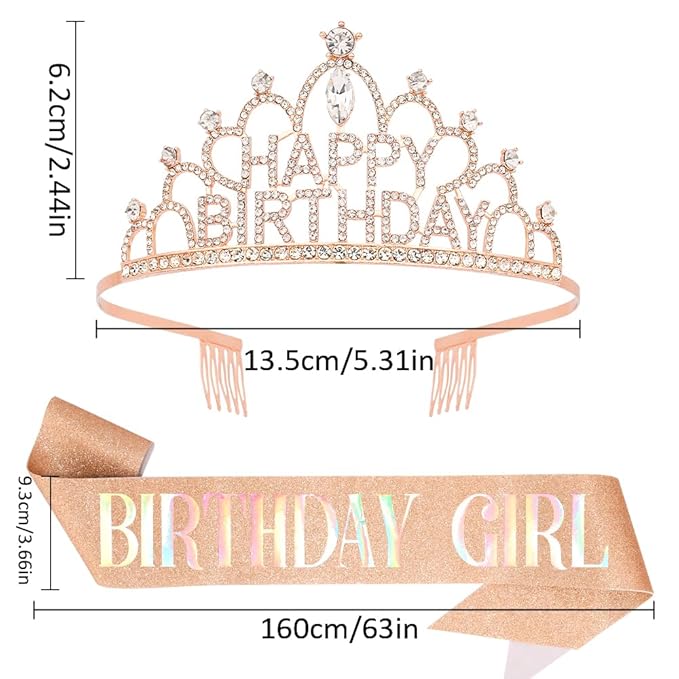 Rose Gold Birthday Crown and Sash for Women Girls Rose Gold Tiaras for Women Crowns for Girls Princess Crown Rhinestone Happy Birthday Hair Accessories