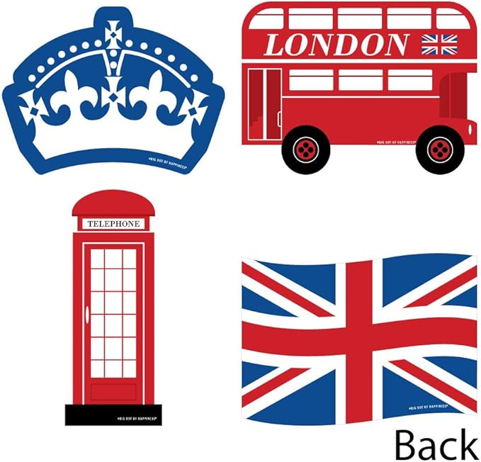 Big Dot of Happiness Cheerio, London - Union Jack Flag, Double-Decker Bus, Crown and Red Telephone Booth Decorations DIY British UK Party Essentials - Set of 20