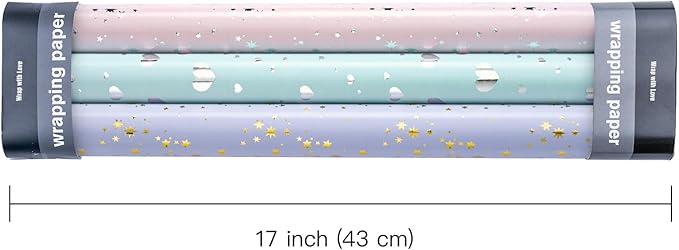 WRAPAHOLIC Wrapping Paper Roll - Mini Roll - 3 Rolls - 17 inch X 120 inch Per roll - Pastel Color and foil Patterns for Wedding, Bridal Shower, Birthday, Baby Shower, Mother Day, Valentine's Day