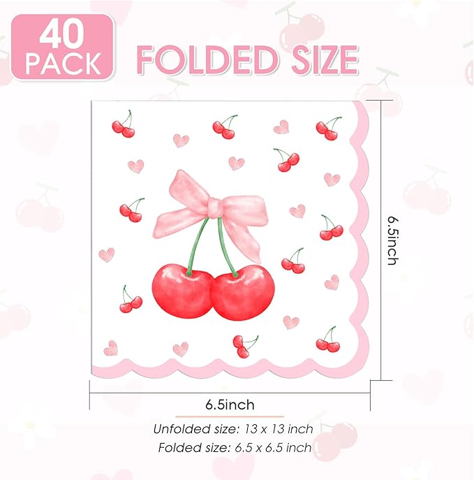 40Pcs Pink Bow Cherry Napkins Disposable Scalloped Bow Cherry Heart paper Napkins Luncheon Dinner Napkins for Baby Shower Cocktail Bridal Shower Party Table Supplies6.5x6.5in