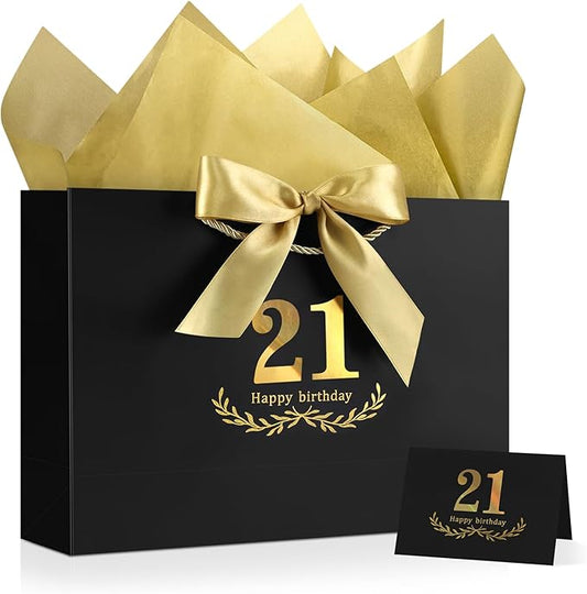 JMANNI Black Gold 21st Birthday Gift Bag with Card and Tissue Paper, 14.2"×9.84"×4.3" Large Present Bag for Adults, 21 Year Old Birthday Keepsake Party Supplies