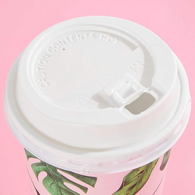 BLUE PANDA Disposable Coffee Cups with Lids - 16 Oz, 48 Count, Tropical Green Leaf Design - Paper Cups to Go for Parties & Travel - Leak Proof & Compostable